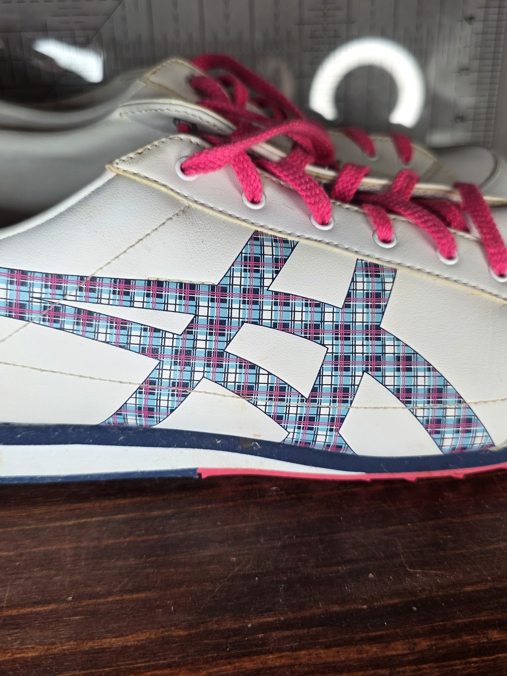 Asics White Athletic Shoes with Pink Laces and Blue Plaid Logo
